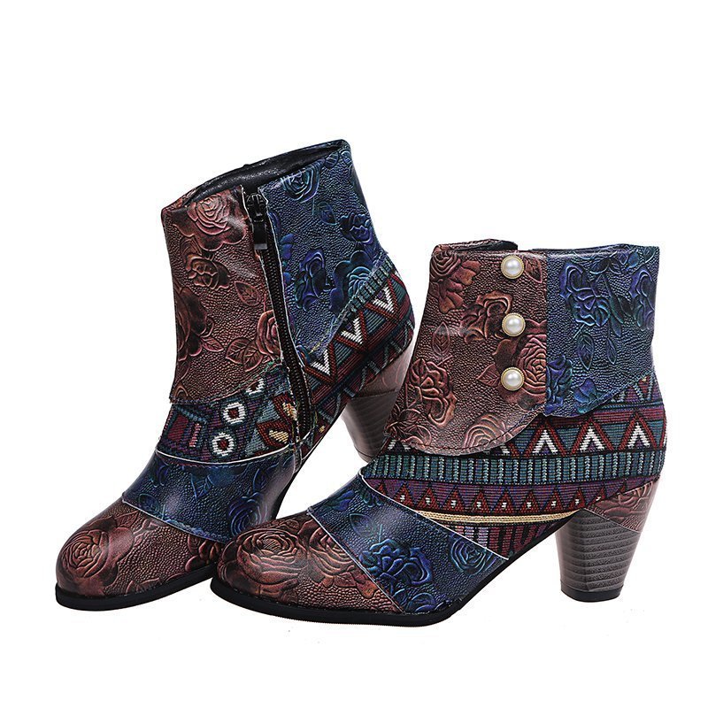 Print Ankle Boots Chunky Mid Heel Boots Women Side Zipper Shoes