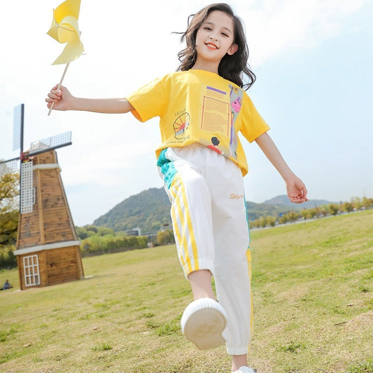 Short-sleeved T-shirt Set, Big Kids Sports, Western Style, Korean Printing