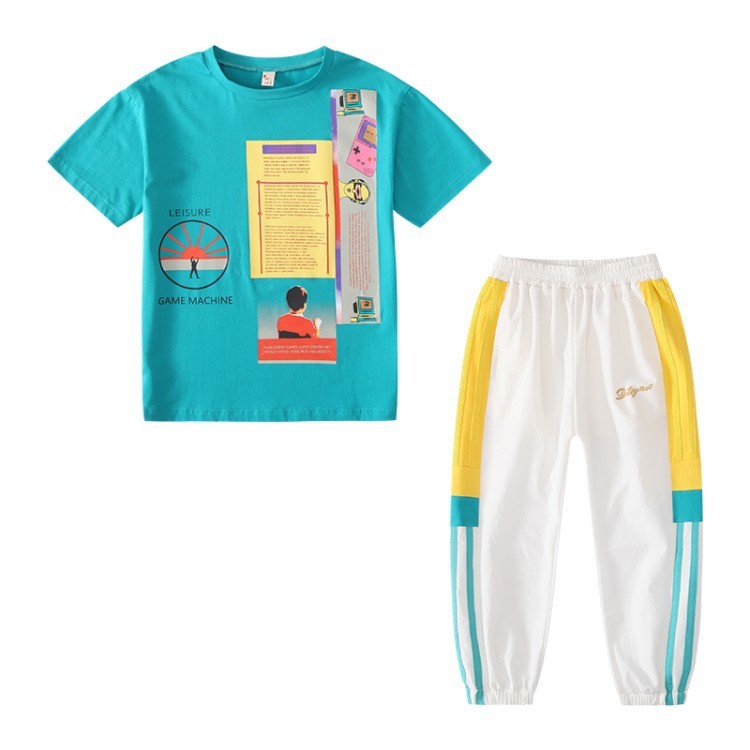 Short-sleeved T-shirt Set, Big Kids Sports, Western Style, Korean Printing