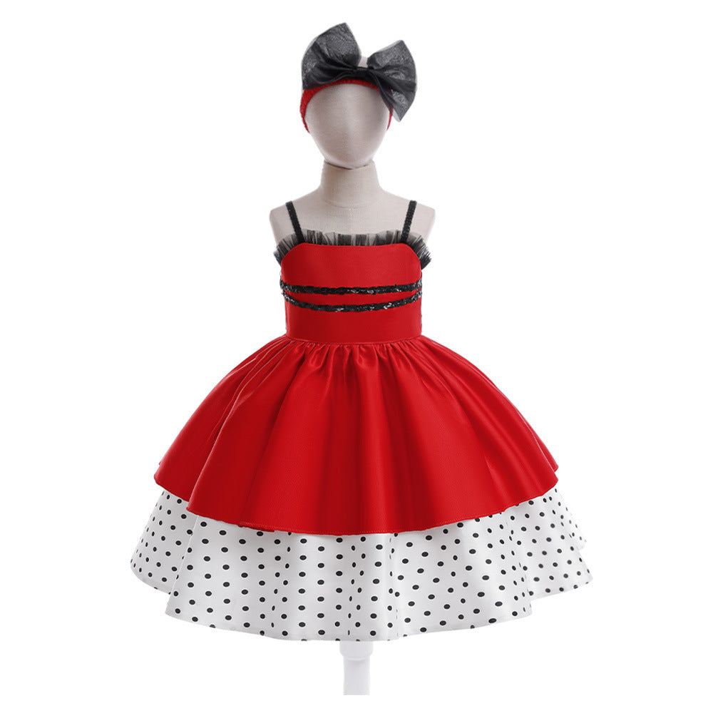 Girls Red Stitching Polka Dot Dress Costumes