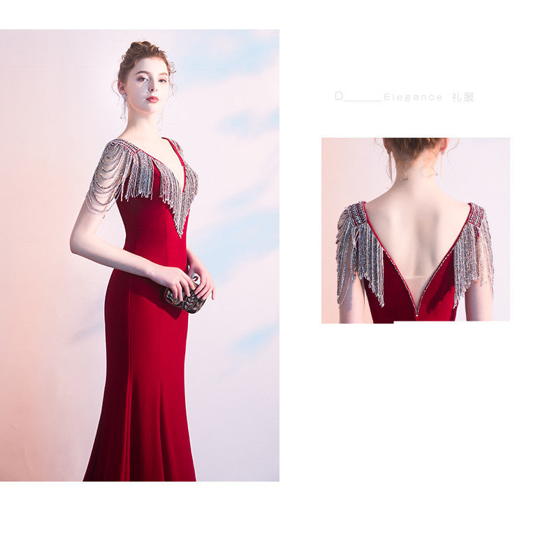 Red Host Evening Dress Female Fishtail Tailing