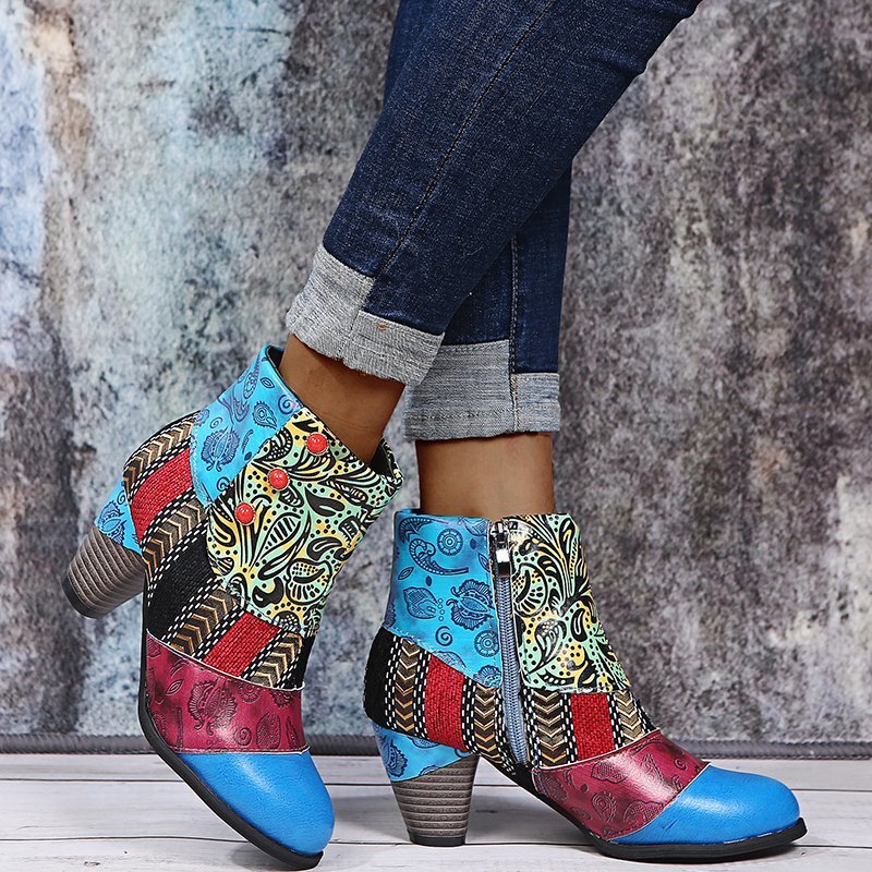 Print Ankle Boots Chunky Mid Heel Boots Women Side Zipper Shoes