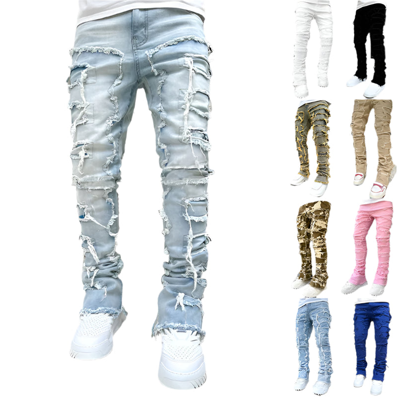 Men Trousers Individual Patched Pants Long Tight Fit Stacked Jeans For Mens Clothing