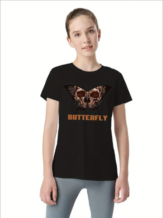 Skull BUTTERFLY, Trendy Short Sleeve T-shirt For Girls, Cute Round Neck Tee Top, Perfect Chic Stylish Summer Outfits Clothes, Ideal Gifts