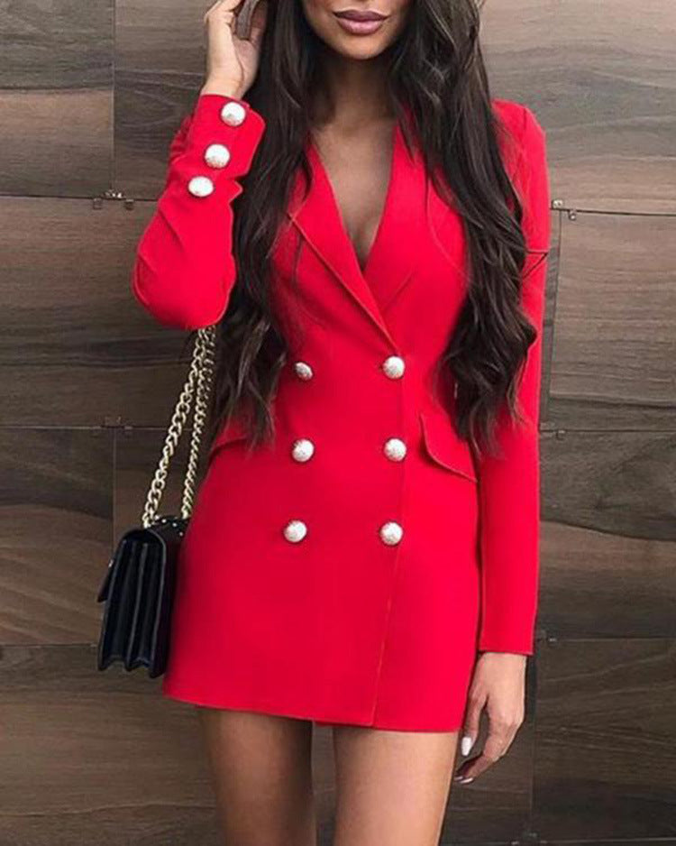 Suit Collar Long Sleeve Red Dress Overalls