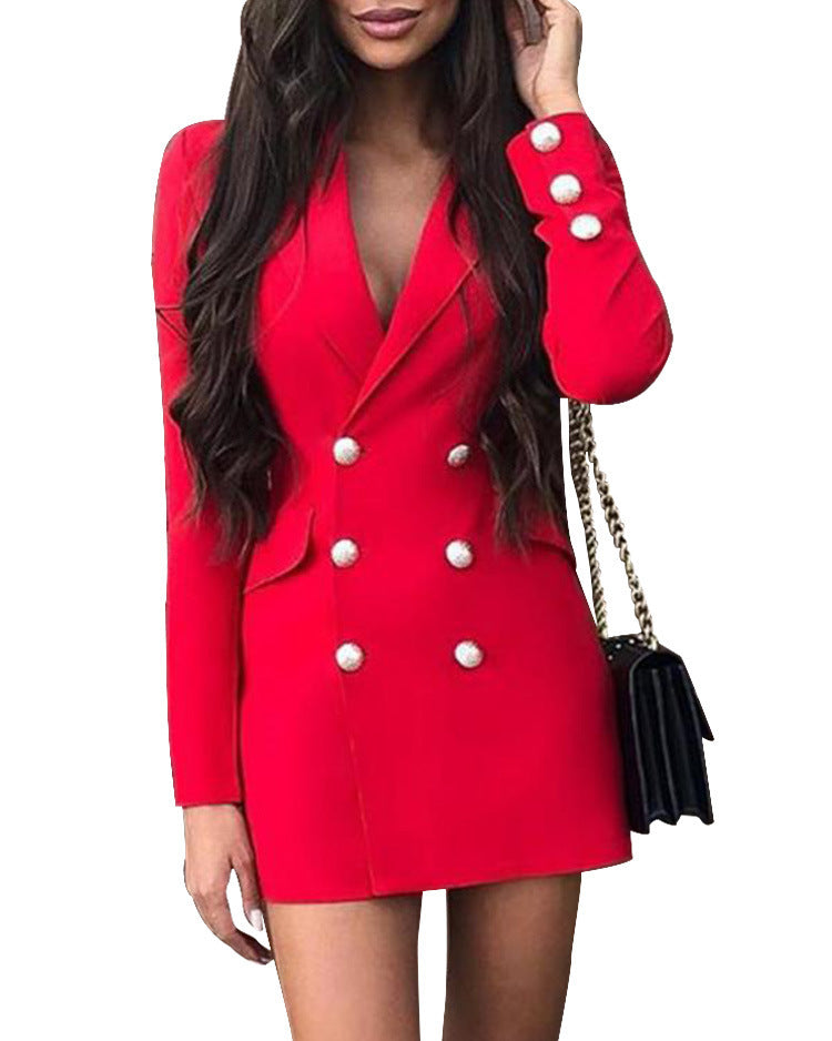 Suit Collar Long Sleeve Red Dress Overalls