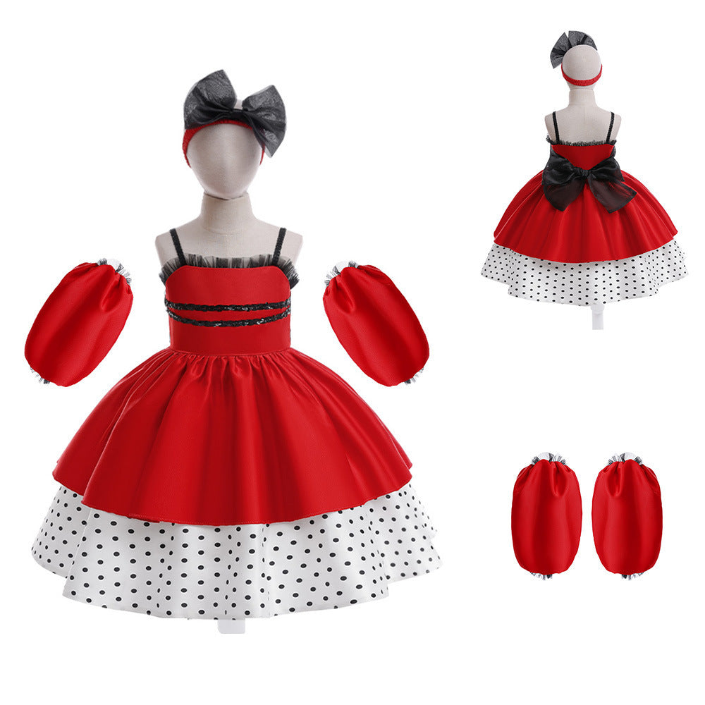 Girls Red Stitching Polka Dot Dress Costumes