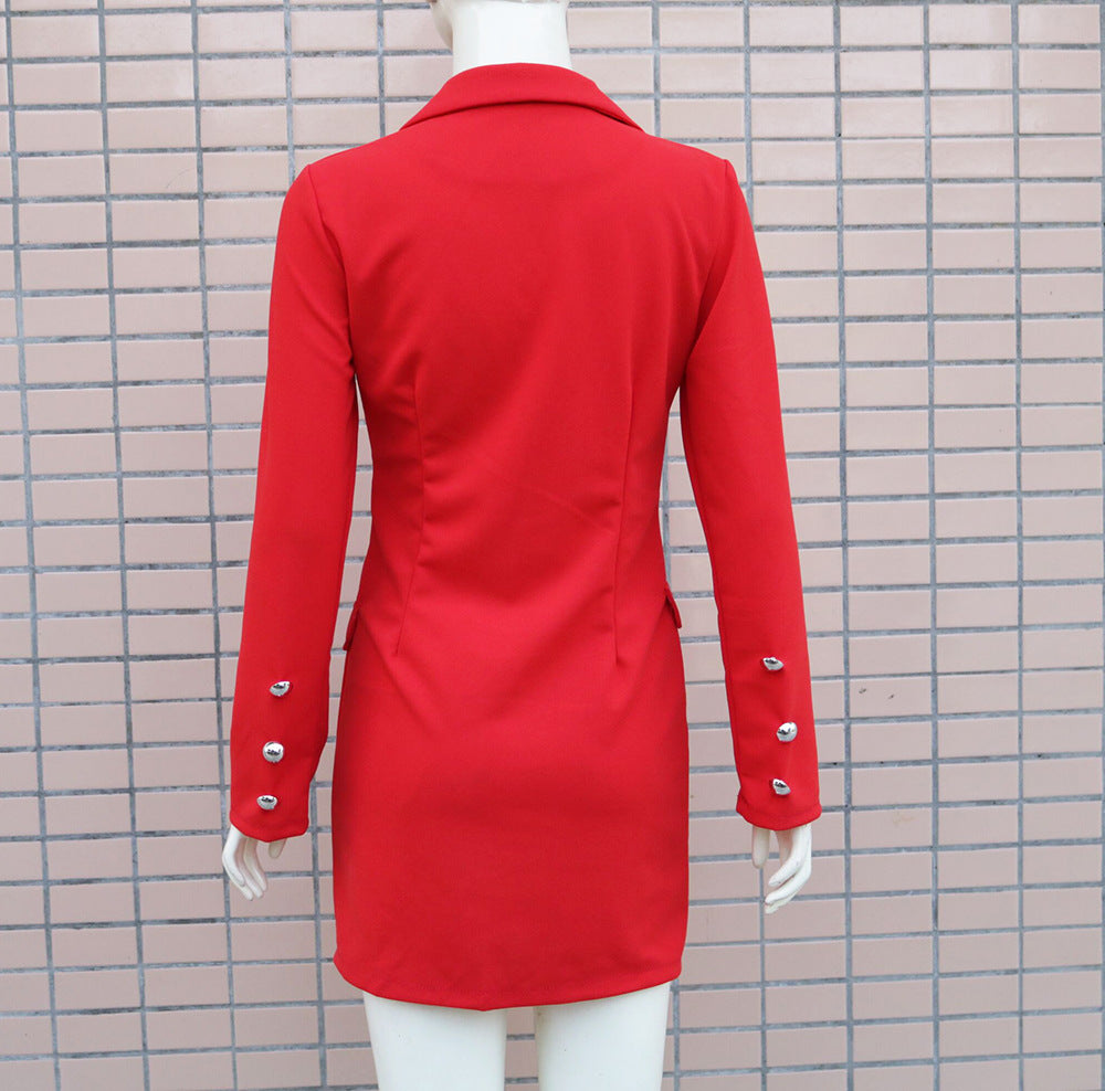 Suit Collar Long Sleeve Red Dress Overalls