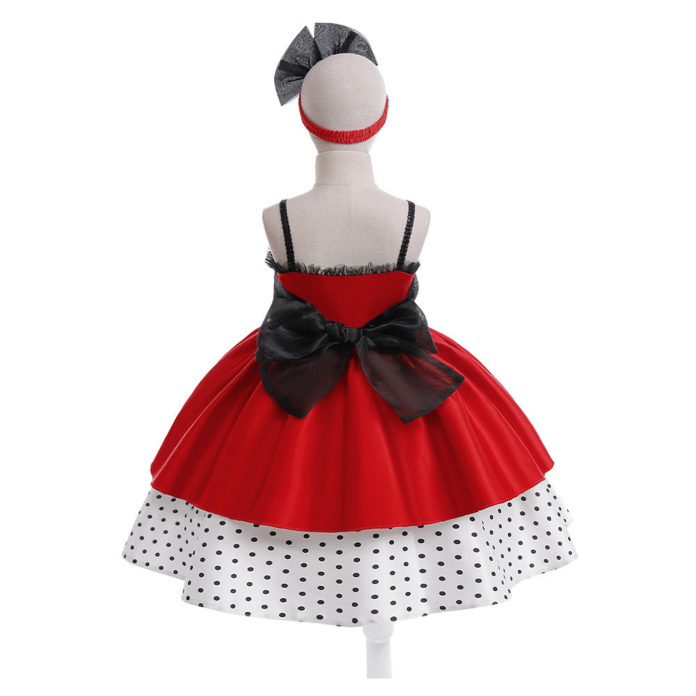 Girls Red Stitching Polka Dot Dress Costumes