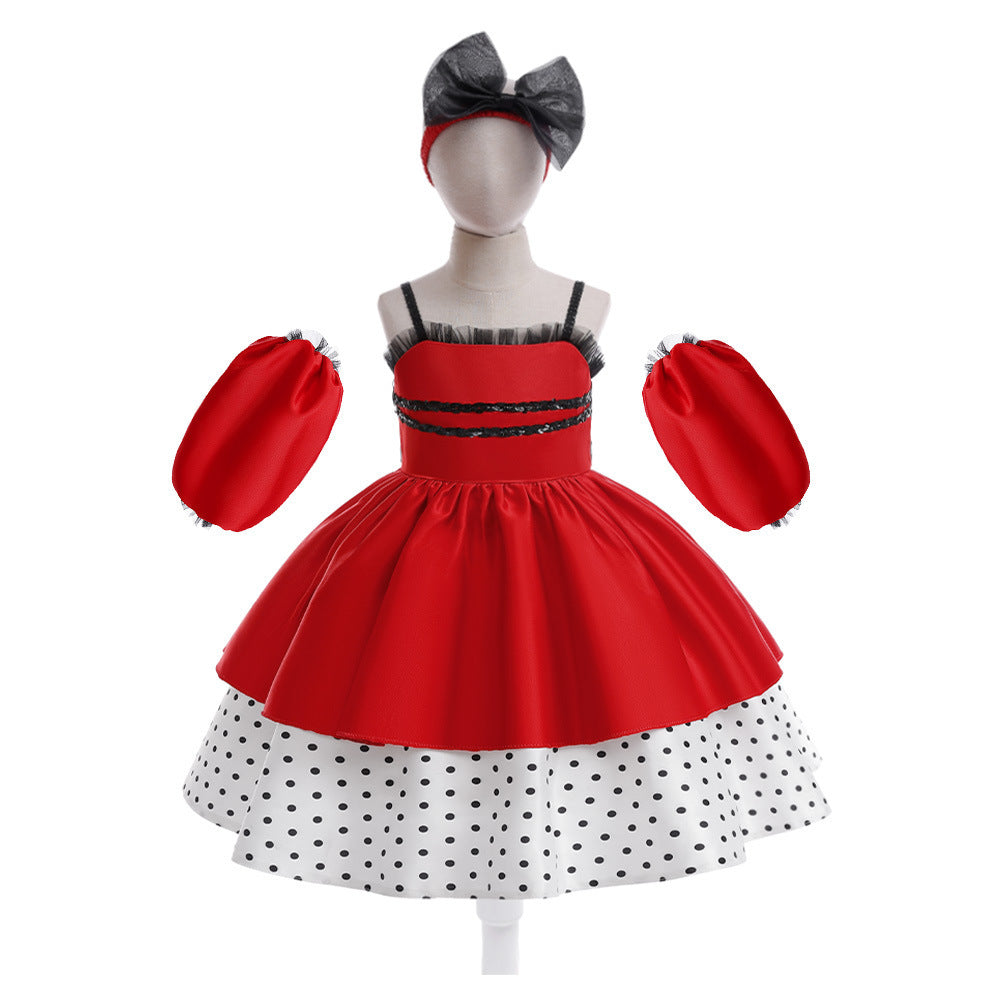 Girls Red Stitching Polka Dot Dress Costumes